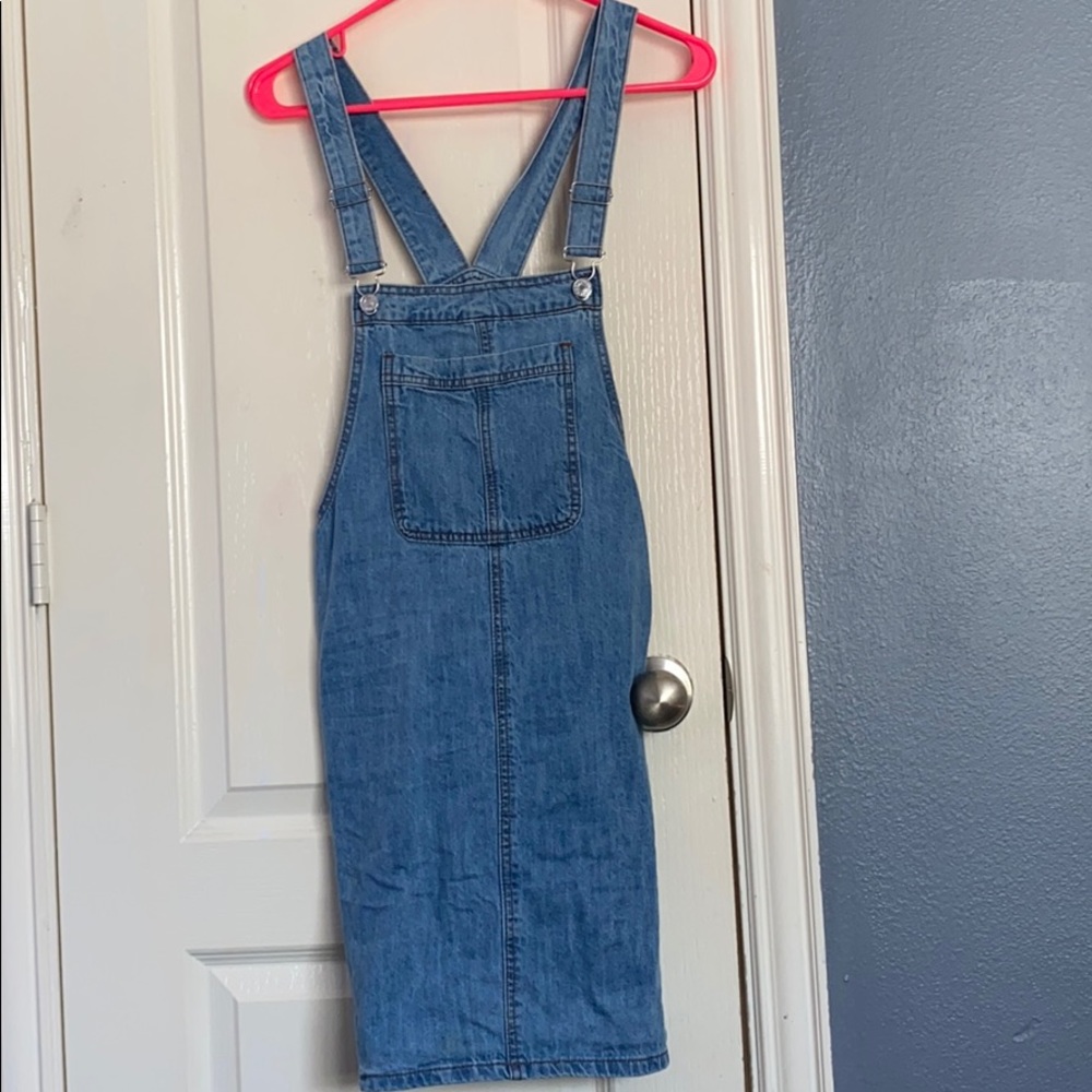 Jean, light wash overall dress with four pockets